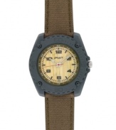 Keep Mother Nature happy and proudly wear one of her finer creations: this watch by Sprout crafted from at least 86% eco-friendly materials. Olive green organic cotton strap and round charcoal gray corn resin case. Gray corn resin sport bezel engraved with numerals. Natural bamboo dial features olive corn resin reflector ring, printed numerals and stick indices, luminous minute and hour hands, red sweeping second hand and logo. Quartz movement. Limited lifetime warranty.