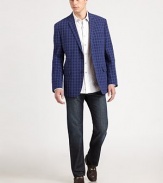 Polished seersucker plaid design features two-button styling and contrast piping along the pockets.Notched collar with button hole detail on the lapelTwo-button frontLong sleeves with button cuffsDual flap pocketsAbout 32 from shoulder to hemCottonDry cleanImported