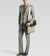 An elegant design tailored in superior wool. Dry Clean. Made in Italy.JACKETTwo-button frontNotched lapelSingle ventFront flap pocketsPANTFlat frontInseam, about 30 DUE TO HIGH DEMAND, A CUSTOMER MAY ORDER NO MORE THAN 3 UNITS OF THIS ITEM EVERY THIRTY DAYS. Additional Information Men's Suits Size Guide 