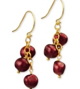 Go for a subtle hint of color. These beautiful earrings feature cranberry-colored cultured freshwater pearls (6-7 mm) set in 18k gold over sterling silver. Approximate drop: 1-1/4 inches.