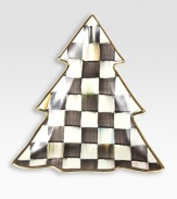 A festive handcrafted ceramic dish in a checkerboard juxtaposition of ivory and onyx with gold luster. The perfect addition to the holiday table table.Hand-painted and glazed8W x 8½HHand washMade in USAPlease note: Pattern may vary. 