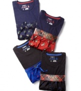Sleepwear set by Polo Ralph Lauren includes a solid short sleeve pullover and a drawstring print pant. Makes a perfect gift.