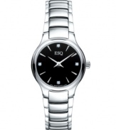 Classic tailoring with an easy-going attitude. Elan watch by ESQ by Movado crafted of stainless steel bracelet and round case. Black dial features diamond accent markers at twelve, three, six and nine o'clock, silver tone stick indices, two hands and logo. Swiss quartz movement. Water resistant to 30 meters. Two-year limited warranty.