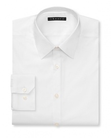 Solid dress shirt with spread collar, two button mitered cuffs. Modern fit through the body. Solid dress shirt with spread collar, two button mitered cuffs. Modern fit through the body.
