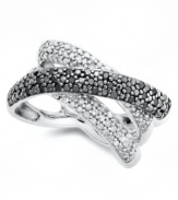 Crisscrossed and totally chic! This unique ring highlights round-cut white diamonds (1/4 ct. t.w.) and black diamonds (1/5 ct. t.w.) in a sterling silver setting. Size 7.