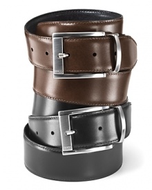 Classic dress belt with silvertone buckle. Reversible belt with brush finished buckle and keeper. Classic dress belt with silvertone buckle. Reversible belt with brush finished buckle and keeper.