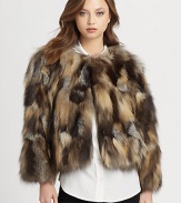 A luxuriant layer, this ultra-plush fox fur jacket is is the perfect topper in a chic cropped silhouette.Dyed fox furCollarlessFront hook closureBracelet-length sleevesSpecialty dry cleanImportedFox fur origin: Finland