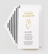 A chic nod to everyone's favorite winter warmer: Kate Spade New York's recipe for a hot toddy, done in letterpress, embellished with gold foil and tucked into a black and white striped envelop.Includes 10 cardsAccompanied by lined envelopesEach, 3.8 X 7.2PaperMade in USA