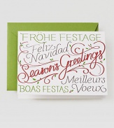 Christmas is the same in all languages, as shown by this cheery card boasting greetings in a variety of languages and bright, seasonal colors. Set of 10 cards4.5 X 5.81Made in USA