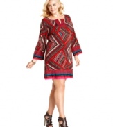 Flaunt a spirited print with One World's three-quarter sleeve plus size dress-- it's a must-get!