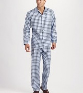 The height of nighttime luxury in premier woven cotton with a brushed texture and classic plaid pattern. Machine wash. Imported.SHIRTSpread collarButtonfrontThree front pocketsPANTSSide elastic waist insetsNo flySide pocketsInseam, about 31