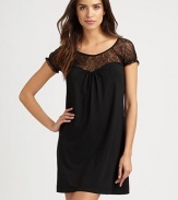 Curve-clinging micromodal featuring transparent paisley lace for flirty results.Round neckline Cap sleeves About 30 long 90% micromodal/10% elastene; hand wash Made in Italy