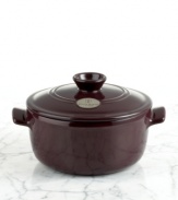 This round, 2.5-qt casserole is perfect for braising, browning and slow cooking. The innovative clay construction allows gentle heat distribution and can be placed directly on burners without cracking or breaking. The ventilated lid allows juices to circulate for tender, juicy results.