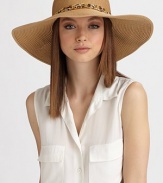 This glamorous straw design is accented by a goldtone chain laced with leopard-print chiffon.Chiffon and chain bandBrim, about 5Paper braidSpot cleanImported