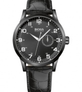 A modern black-on-black design creates an air of mystery with this handsome Hugo Boss watch.