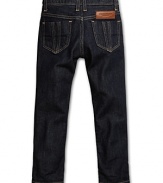 Modern cut, slim-fit jeans are stylish and chic.