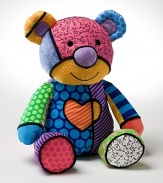 Stimulate their budding senses with this striking, multi-pattern plush bear featuring the pop art of Romero Britto.