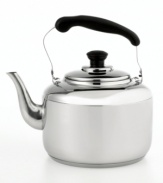 Add a little elegance to your tea service with this classic stainless steel tea kettle. Polished to a brilliant shine, it has an aluminum-encapsulated base to help water boil faster. Limited lifetime warranty.