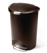 Plastic steps it up in a semi-round trash can with a slide lock to keep smells in and intruders, like dogs or kids, out. The solid steel pedal provides durability where the can gets the most wear and always ensures a smooth, silent lid closure. 5-year warranty.
