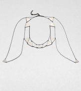 Much more than a necklace, this edgy design combines slender chains and simple triangles into striking, geometric body jewelry that goes around the neck, over the shoulders and around the arms, making a statement that's certain to get you noticed.Nickel-plated and hematite-plated brassPewter colorLength around neck, about 22-26 (adjustable)Armhole opening and drape, about 22Lobster claspMade in USA