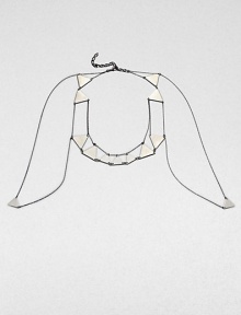 Much more than a necklace, this edgy design combines slender chains and simple triangles into striking, geometric body jewelry that goes around the neck, over the shoulders and around the arms, making a statement that's certain to get you noticed.Nickel-plated and hematite-plated brassPewter colorLength around neck, about 22-26 (adjustable)Armhole opening and drape, about 22Lobster claspMade in USA Much more than a necklace, this edgy design combines slender chains and simple triangles into striking, geometric body jewelry that goes around the neck, over the shoulders and around the arms, making a statement that's certain to get you noticed.Nickel-plated and hematite-plated brassPewter colorLength around neck, about 22-26 (adjustable)Armhole opening and drape, about 22Lobster claspMade in USA