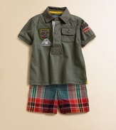 A rugged set pairs a military-inspired cotton mesh polo with a preppy madras short and D-ring belt for a sporty, casual ensemble. Shirt Shirt collarShort sleevesFront button placketFront patch pocketEven-vented hem Shorts Button closureElastic waistband with belt loopsFaux flySide on-seam pocketsBack patch pocketCottonMachine washImported Please note: Number of buttons may vary depending on size ordered. 