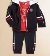 Cozy fleece with sharp stripes keeps your little one comfy wherever he rolls, crawls or cruises. Jacket:Attached hood with contrast knit liningZip frontLong sleeves with ribbed cuffsScreened logo on chestAngled welt pocketsRibbed bottom Pants:Elasticized waistOne back patch pocketRibbed cuffs95% cotton/5% elastaneMachine washImported