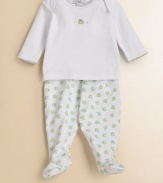 Dainty embroidery and color stitched trim detail the top while a charming allover print styles the footed pants. Pants have elasticized waist Cotton; machine wash Imported