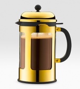 A elegantly modern French press coffee maker from the renowned Danish company, designed in borosilicate double-wall glass encased in stainless steel to protect the glass and ensure that it's completely spill-proof. A silicone gasket connects the lid and glass to help maintain the heat of the coffee even longer.12-cup/51-oz. capacityIncludes 0.25-oz.
