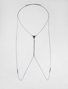 A simple Y-shaped body chain creates drama with its long drape with accents of black onyx and vintage black glass bugle beads.Black onyxBlack glassHematite-plated brassGunmetal colorLength around neck, about 24Lobster claspMade in USA A simple Y-shaped body chain creates drama with its long drape with accents of black onyx and vintage black glass bugle beads.Black onyxBlack glassHematite-plated brassGunmetal colorLength around neck, about 24Lobster claspMade in USA