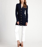 A classic design in a ribbed style with signature buttons. Shawl collarLong sleeves with checkered cuffsFront button closureTwo front patch pocketsCheckered hemAbout 30½ from shoulder to hemWool/nylon/spandexDry cleanImported Model shown is 5'9½ (176cm) wearing US size Small.