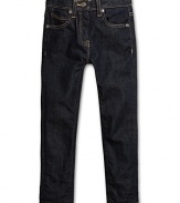 Modern cut, slim-fit jeans are stylish and chic.