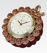 From the Classics Collection. So much more than a timekeeper, this exquisite clock has a dazzling frame of Swarovski crystal flowers topped by a charming butterfly, with a rich enamel finish and golden accents.Quartz movementEnamel and crystal18k matte gold finishHandmade, hand-enameled and hand-set3 diam. X 2.75DMade in USA