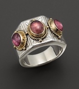 Sterling silver ring with three pink tourmaline stones framed in gold. Designed by Konstantino.
