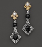 These dangling drops of sterling silver and 18K yellow gold feature pearls and faceted onyx. By Konstantino.