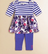 This charming set includes a striped, floral tunic with flared hem and a matching pair of ultra-soft, ultra-sweet leggings. Tunic Round necklineShort sleevesShoulder buttons Leggings Elastic waistbandTunic: Cotton poplinLeggings: 94% cotton/6% spandexMachine washImported Please note: Number of buttons may vary depending on size ordered. 