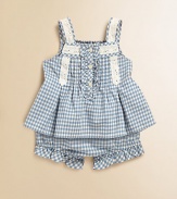 Delicate lace trim adorns the shoulder straps and neckline of this pretty top and bloomer set, rendered in a bright gingham check for preppy warm-weather style.Straight necklineWide strapsButton-frontRear smockingFlared hemElastic waistbandCottonMachine washImported Please note: Number of buttons may vary depending on size ordered. 