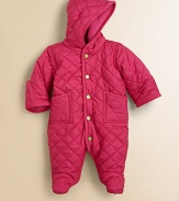 Baby keeps warm from head to toe in a cozy hooded bunting, rendered in sleek diamond-quilted microfiber and lined in soft-to-the-touch winter fleece.Attached hoodLong sleevesFull-snap frontFront patch pocketsCorduroy trimConcealed bottom snapsFully linedPolyesterMachine washImported Please note: Number of snaps/buttons may vary depending on size ordered. 