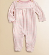 The classic pony-embroidered footed coverall is updated in soft, striped velour for plush warmth.Ribbed boatneckLong sleevesShoulder buttonsGathered empire waistBottom snaps80% cotton/20% polyesterMachine washImported Please note: Number of buttons/snaps may vary depending on size ordered. 