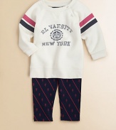 An ultra-comfortable set includes a stylish collegiate-inspired varsity fleece sweatshirt and legging, rendered in a stripe and owl print. Sweatshirt CrewneckLong raglan sleevesFront buttons Leggings Elastic waistband60% cotton/40% polyesterMachine washImported