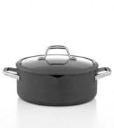 Easy cook, easy go! Perfect for prep, this hard-anodized aluminum vessel features etched interior fill lines that measure dry & wet ingredients to cut the guesswork out of cooking. Plus with convenient pour spouts and a tight-fitting tempered glass lid with silicone rim & built-in drain holes, this dutch oven guarantees less mess & more ease. Lifetime warranty.