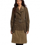 THE LOOKNotched lapelBelted waistButton closureFlap pocketsTwo-tone hemTHE FITAbout 37 from shoulder to hemTHE MATERIALCotton/nylonCARE & ORIGINDry cleanImportedModel shown is 5'9 (175cm) wearing US size Small. 