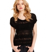 Rock cooler-than-average style with this Pretty Rebellious top, where an edgy, open-knit front joins forces with a sheer, polkadot-print back!