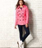 Forget the boring fall jacket! Designed in a hot pink hue, this double-breasted trench from Pink Envelope makes a classic style fun!