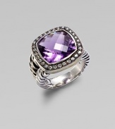 From the Moonlight Ice Collection. A beautiful amethyst stone surrounded by pavé diamonds. Amethyst Diamonds, 0.45 tcw Blackened sterling silver Size, about ½L X ½ W Imported 