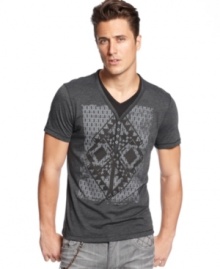 A cool graphic and a sleek button front V-neck give this INC International Concepts tee its unique style. (Clearance) A cool graphic and a sleek button front V-neck give this INC International Concepts tee its unique style. (Clearance)