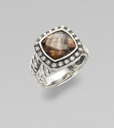 From the Moonlight Ice Collection. Faceted smoky quartz, framed in a pavé diamond bezel, on a split cable band of sterling silver. Diamonds, 0.3 tcw Quartz Sterling silver About ¾ square Imported 