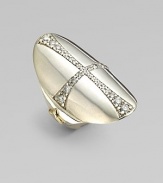 A striking heraldic-style cross on a smooth silver oval is delineated in shimmering diamonds, with accents of 14k gold on the wide, smooth band.Diamonds, .70 tcwSterling silver and 14k yellow goldLength, about 1Made in USA