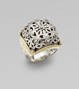 Elaborately crafted, with a trellis of sterling flowers inside an 18k gold frame. Sterling band 1 X 1 Made in Greece