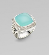 From the Albion Collection. Vibrant aqua chalcedony, richly framed in diamonds, on a sterling silver split cable band.Aqua chalcedony Diamonds, 0.48 tcw Sterling silver About ½ square Imported